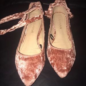 Liliana Pink Velour Lace Up Ballet Flats